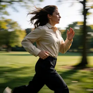 A woman mid-stride running through a park, hair and clothes 
