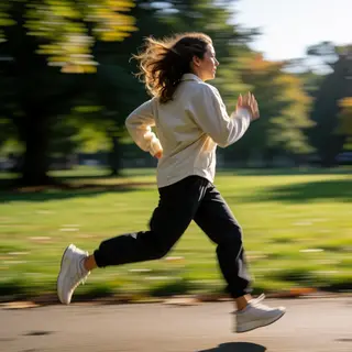 A woman mid-stride running through a park, hair and clothes 