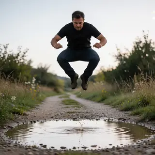A man captured mid-jump over a puddle, body in the air with 