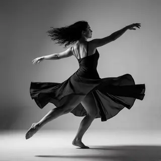 A dancer in a dynamic spin, dress flowing outward with one l