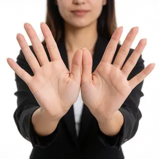 A woman holding her hands out in front of her palms-up, all 