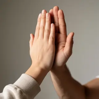 Two people doing a high-five, palms meeting with all fingers
