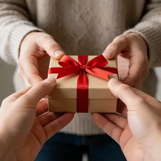 One person handing a small gift box to another person, both 