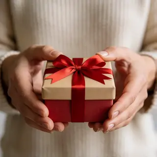 One person handing a small gift box to another person, both 