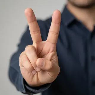 A person making a peace sign with their right hand, clearly 
