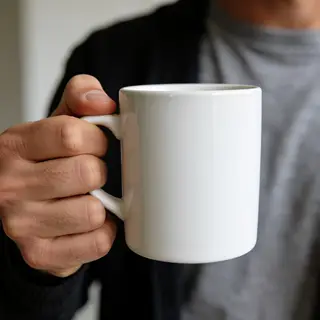 A person holding a white ceramic coffee mug by the handle wi