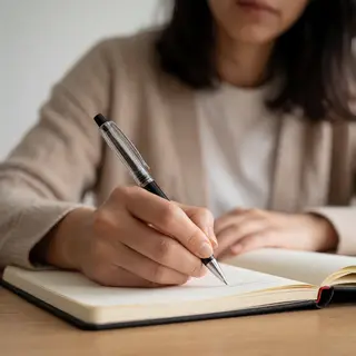 A woman writing in a notebook with a pen gripped correctly i