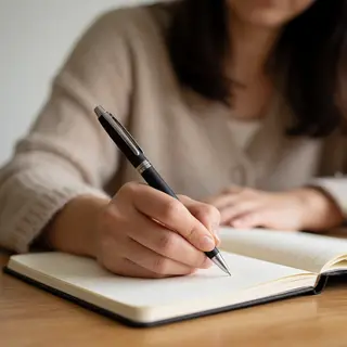 A woman writing in a notebook with a pen gripped correctly i
