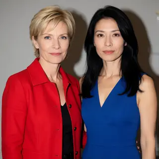Two women standing side by side: one with short blonde hair 