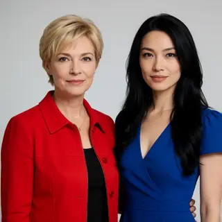 Two women standing side by side: one with short blonde hair 