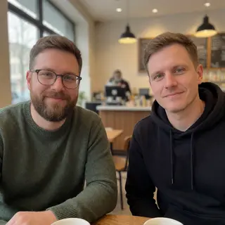 Two men at a cafe: one with a beard and glasses wearing a gr