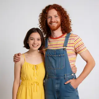 Two friends posing: one tall with curly red hair in denim ov
