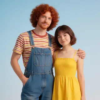 Two friends posing: one tall with curly red hair in denim ov