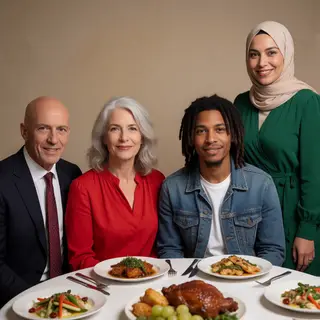 Four people at a dinner table: a bald man in a suit, a woman