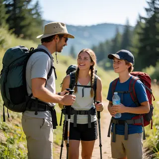 Three hikers on a trail: a man with a backpack and sunhat, a