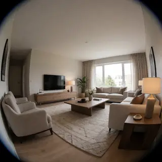 A wide-angle shot of a modern living room interior showing e