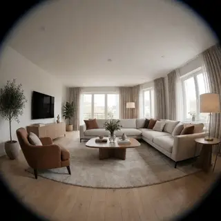 A wide-angle shot of a modern living room interior showing e