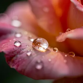 A close-up macro shot of a single dewdrop on a rose petal, s