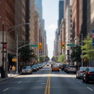 A tilt-shift photograph of a city street making real-life lo