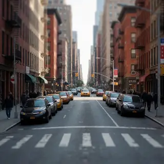 A tilt-shift photograph of a city street making real-life lo