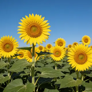 A field of pure sunflower yellow flowers under a clear blue 