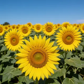A field of pure sunflower yellow flowers under a clear blue 