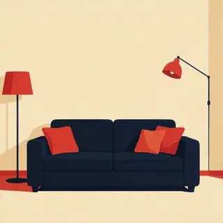 A minimalist room with walls in #F5E6CC (warm cream), a sofa