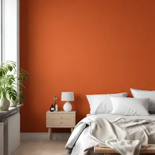 A bedroom wall painted in #FF6B35 (burnt orange) with white 
