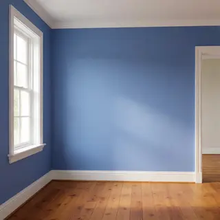 A room with walls in #4A90D9 (medium blue) with warm wooden 