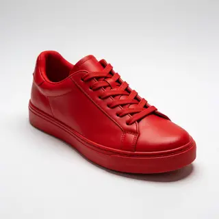 A single red sneaker on a clean white background with soft s