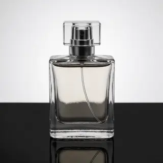 A clear glass perfume bottle on a reflective black surface w