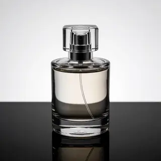 A clear glass perfume bottle on a reflective black surface w