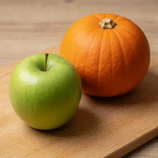 A green apple and an orange pumpkin on a wooden cutting boar