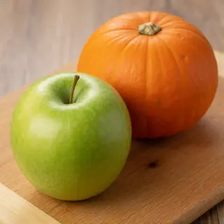 A green apple and an orange pumpkin on a wooden cutting boar