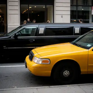 A yellow taxi and a black limousine parked next to each othe