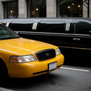 A yellow taxi and a black limousine parked next to each othe