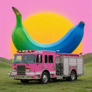 A pink fire truck, a blue banana, and a green sun in a surre