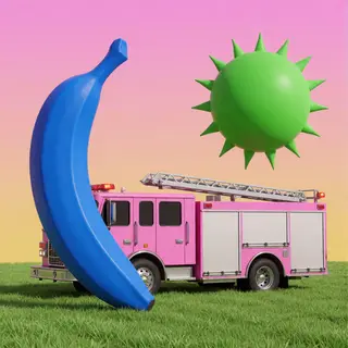 A pink fire truck, a blue banana, and a green sun in a surre