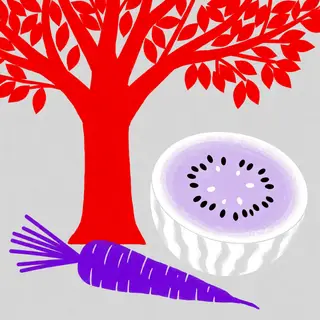 A purple carrot, a red tree with red leaves, and a white wat