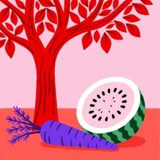 A purple carrot, a red tree with red leaves, and a white wat