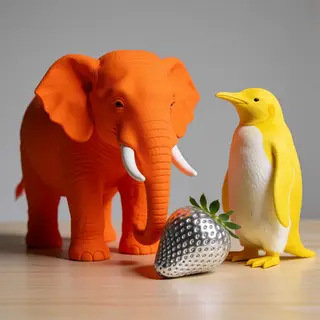 An orange elephant, a yellow penguin, and a silver strawberr