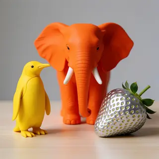 An orange elephant, a yellow penguin, and a silver strawberr