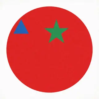 A large red circle, a small blue triangle, and a medium gree