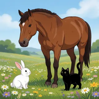 A big brown horse, a small white rabbit, and a medium-sized 