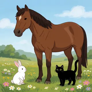 A big brown horse, a small white rabbit, and a medium-sized 