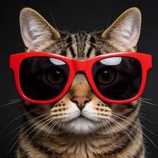 A tabby cat wearing oversized red sunglasses