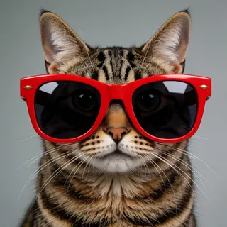 A tabby cat wearing oversized red sunglasses