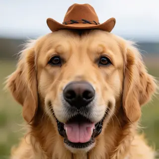 A golden retriever wearing a tiny cowboy hat