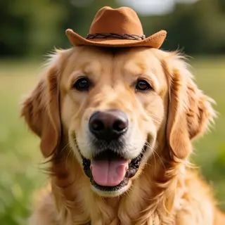 A golden retriever wearing a tiny cowboy hat