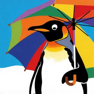 A penguin holding a colorful umbrella